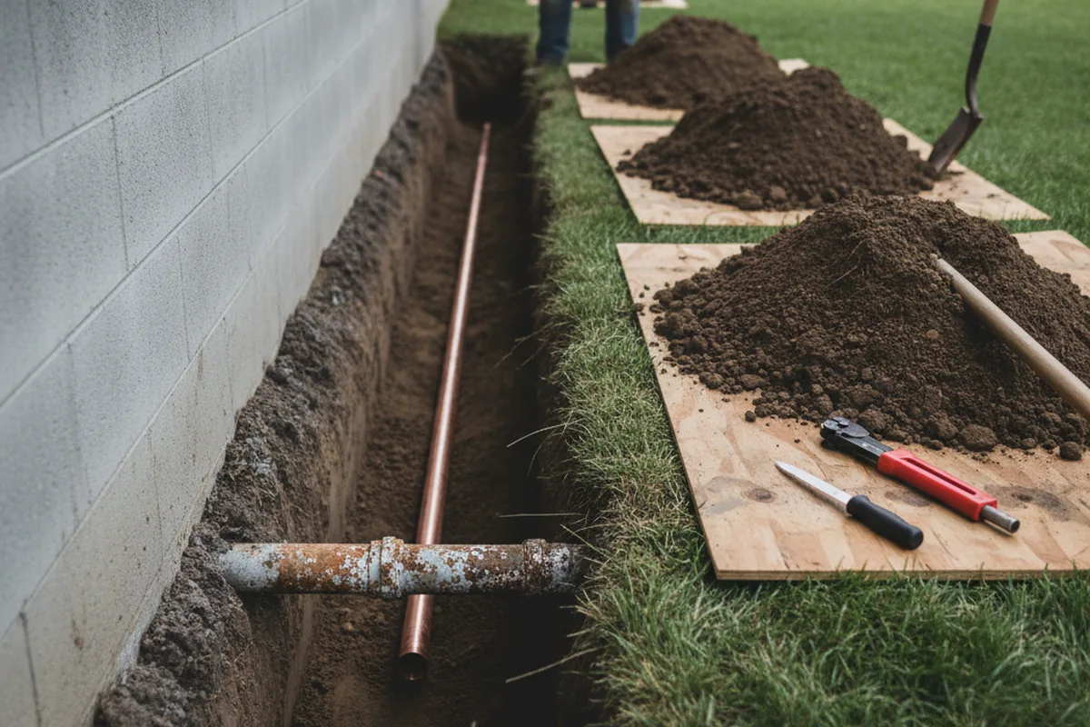 Excavated water line trench during Water Softener Installation in Lake Bluff